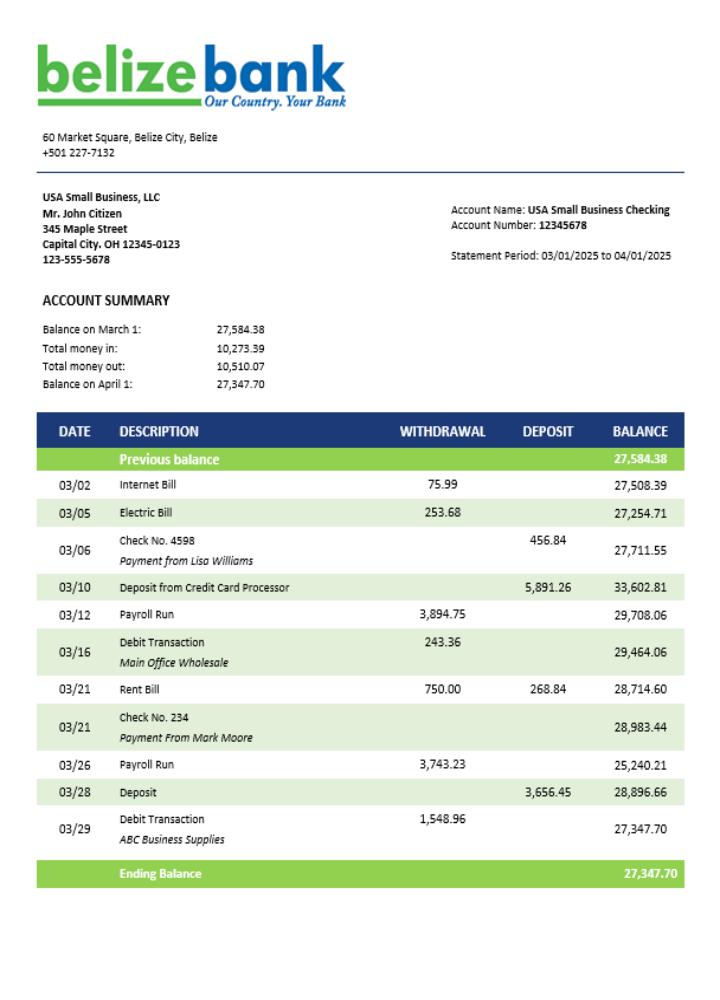 Modèle Word et PDF de relevé de compte courant d'une société bancaire bélizienne